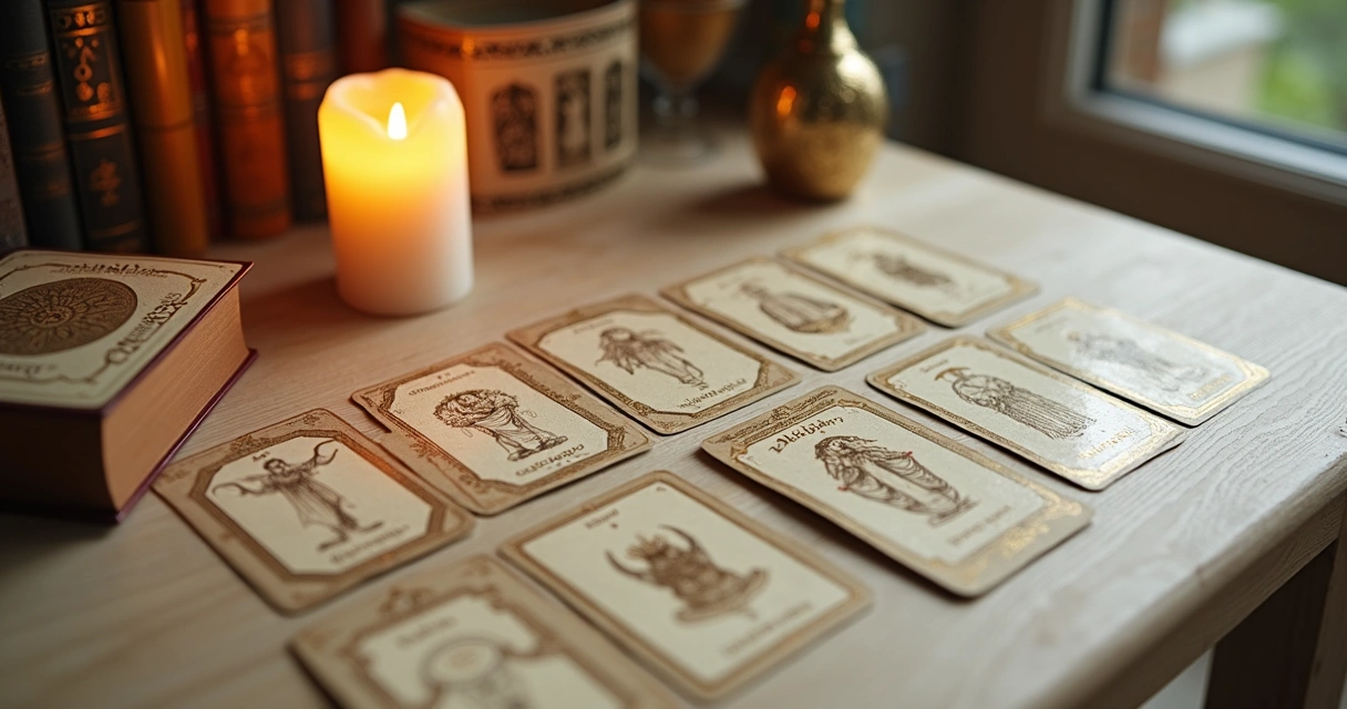 Cartas de tarot hermético organizadas em um spread ritualístico sobre uma mesa de madeira clara. 