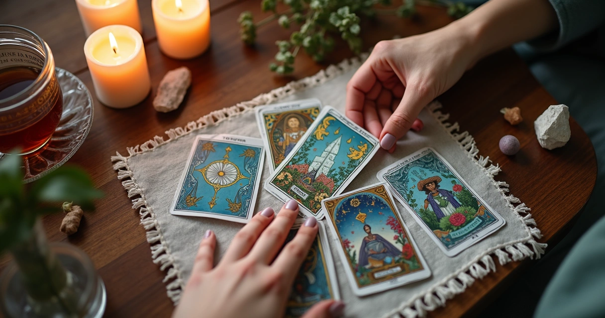 Cartas de tarot embaralhadas e algumas de cabeça para baixo sobre uma mesa 
