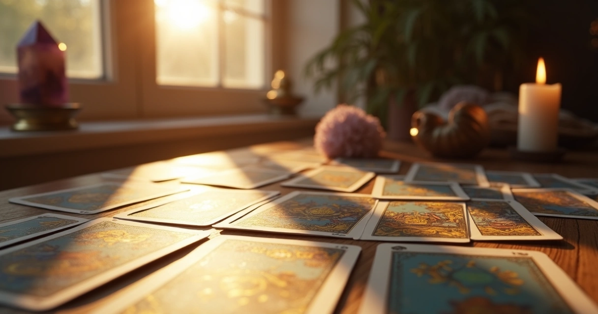 Cartas de tarot recebendo luz suave do sol perto de uma janela
