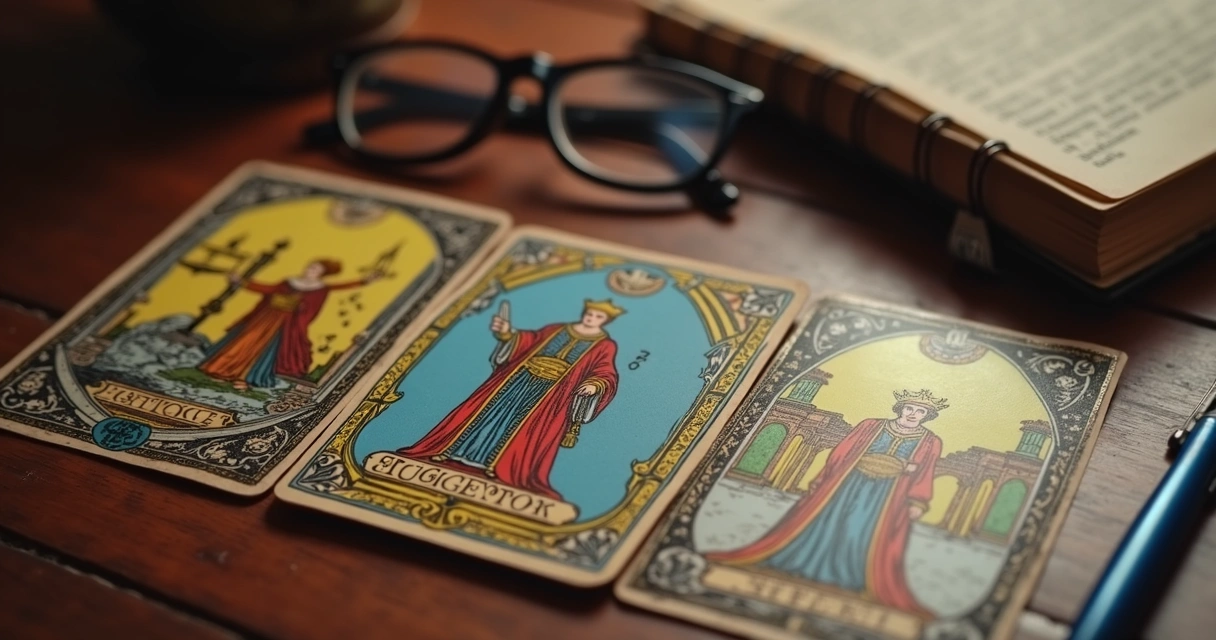 Cartas de tarô Justiça, Julgamento e Imperador dispostas sobre mesa de madeira 