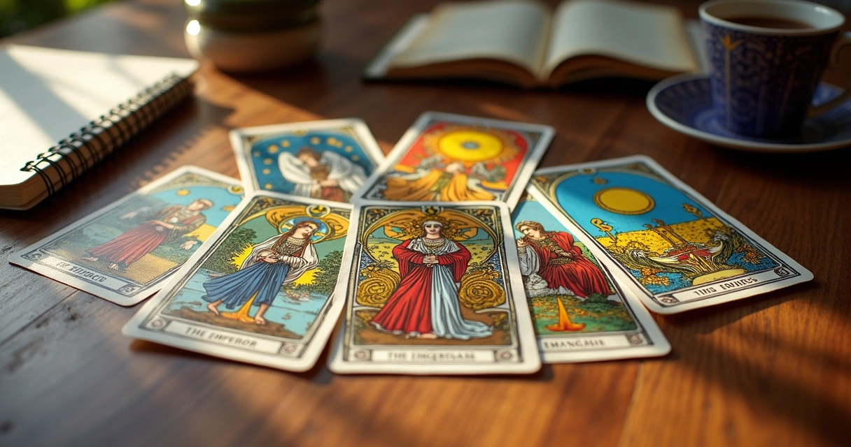 Cartas de tarot selecionadas para liderança em cima de uma mesa 