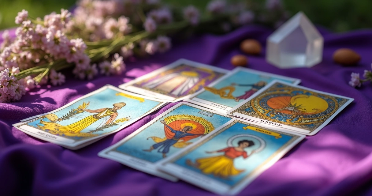 Baralho de tarot limpo com cartas coloridas expostas e cristal ao lado sobre tecido roxo