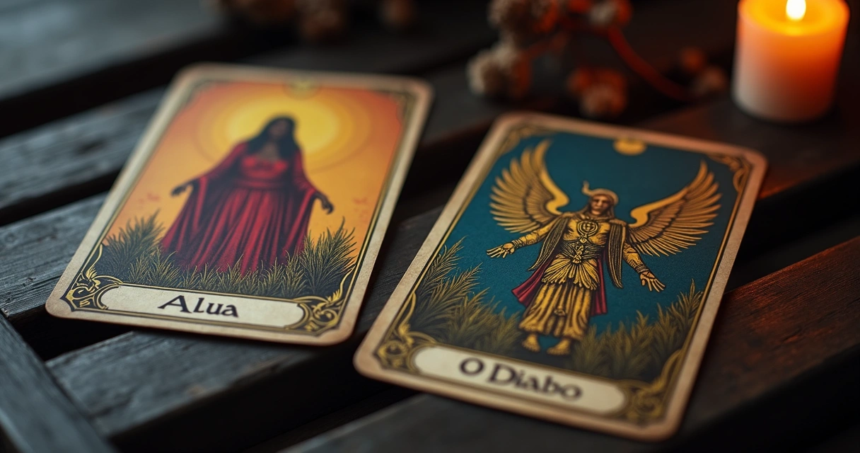 Cartas de tarot A Lua e O Diabo lado a lado 