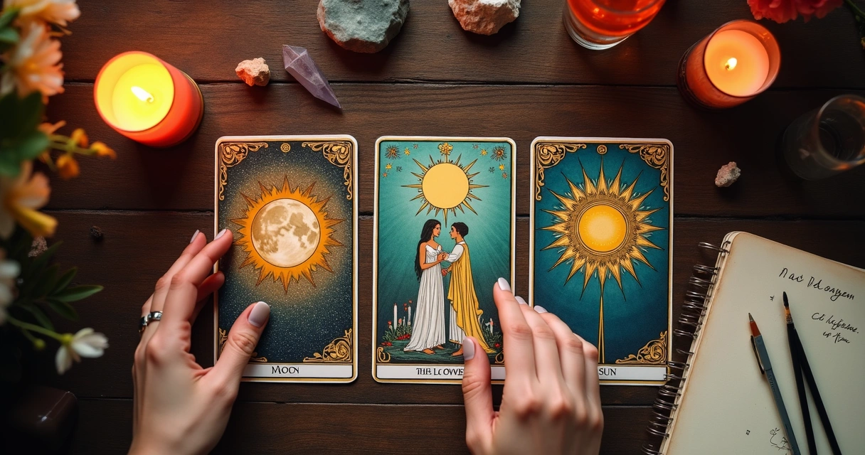 Cartas de tarot dispostas sobre mesa: Lua, Enamorados, Sol 