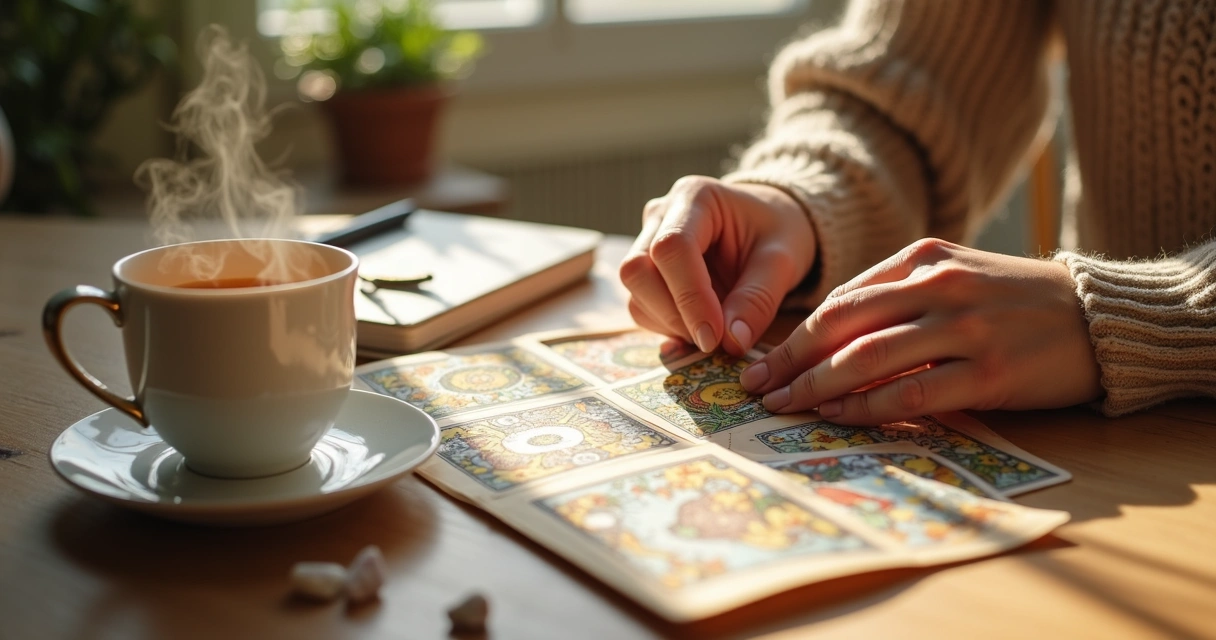 Cartas de tarot dispostas sobre mesa de madeira pela manhã 