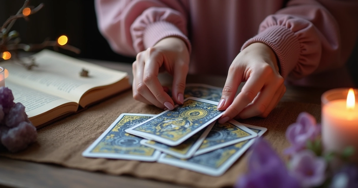 Mãos femininas embaralhando cartas de tarot em uma mesa iluminada com velas 