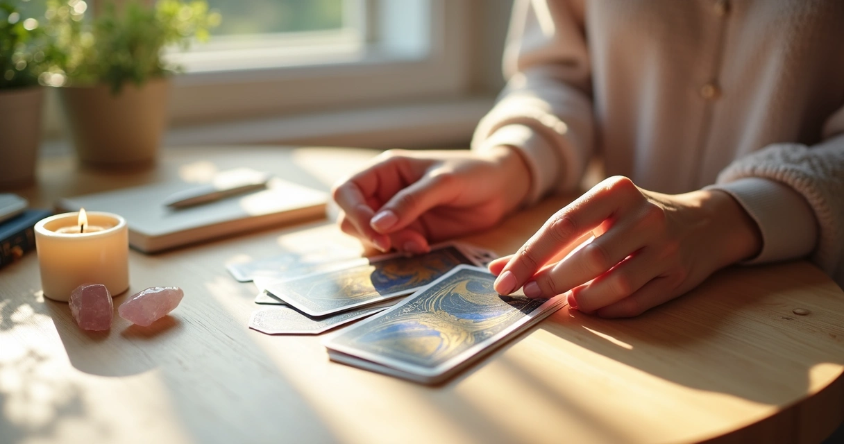 Mãos femininas embaralhando cartas de tarot em uma mesa de madeira clara 