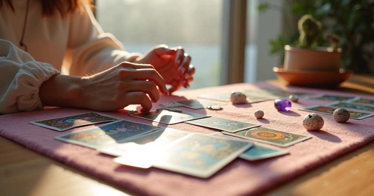 Cartas de tarot abertas nas mãos de uma mulher 