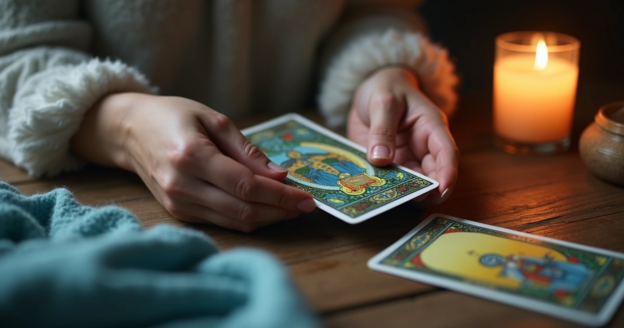 Mãos delicadas segurando cartas de tarot sobre uma mesa de madeira, ao lado de uma vela acesa e lenço azul claro. 