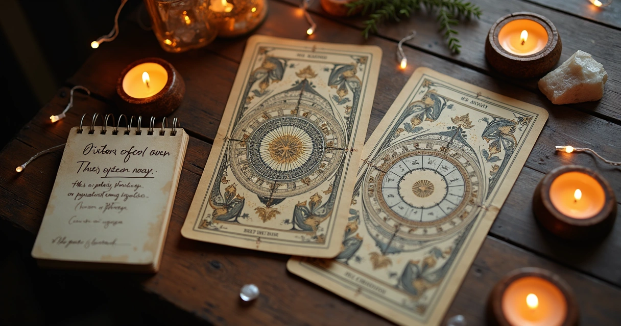 Cartas de tarot e mapa astral sobre mesa de madeira 