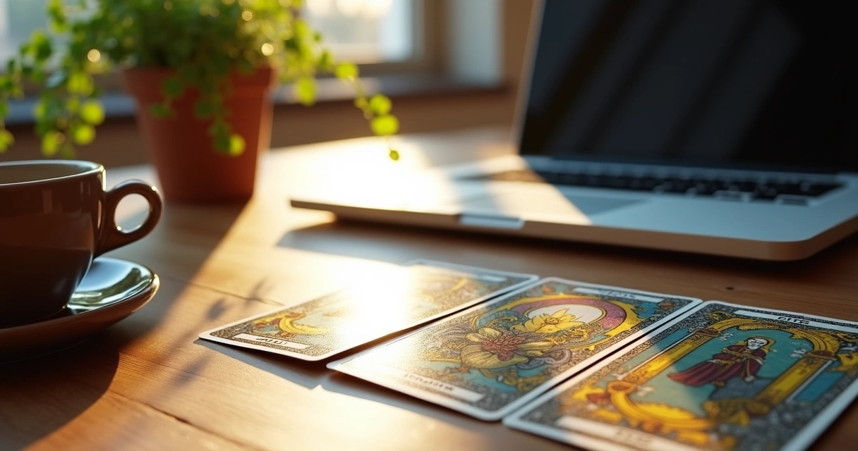 Cartas de tarot dispostas ao lado de notebook em mesa de escritório 