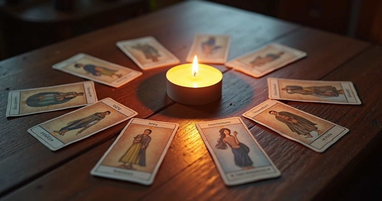 Cartas de tarot dispostas em círculo com uma vela acesa ao centro 