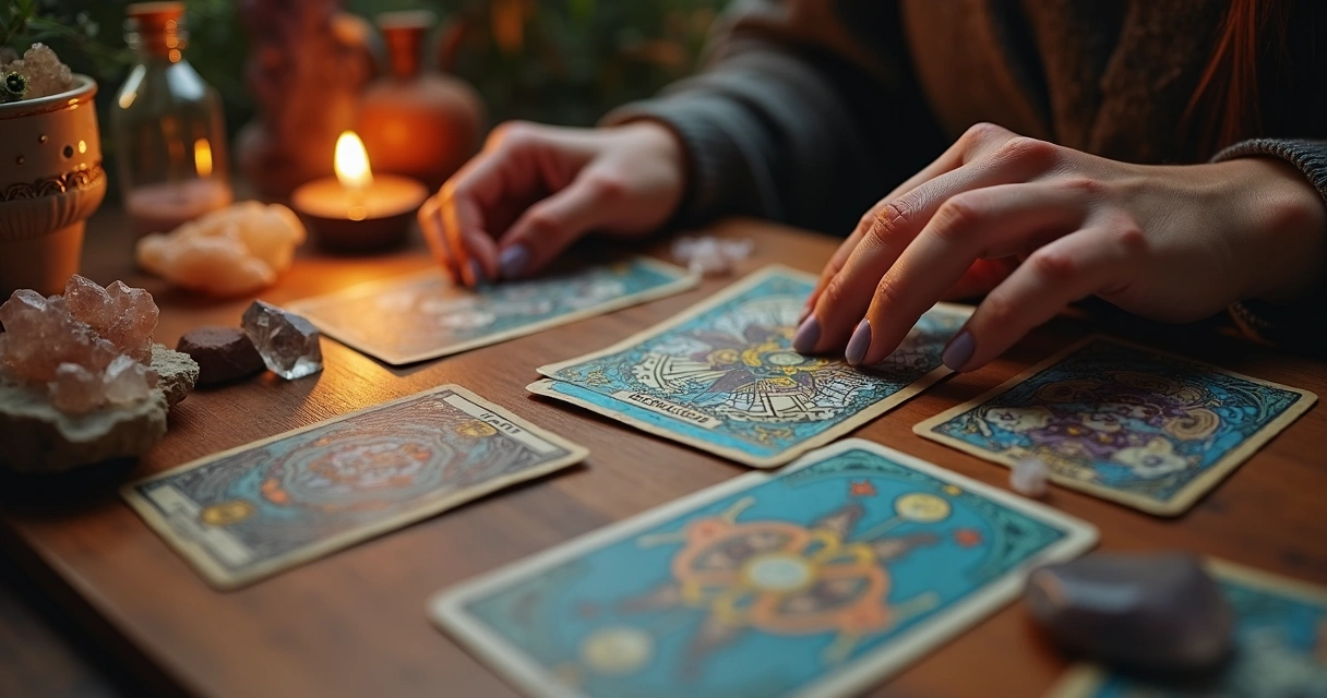 Cartas de tarot dispostas sobre uma mesa. 