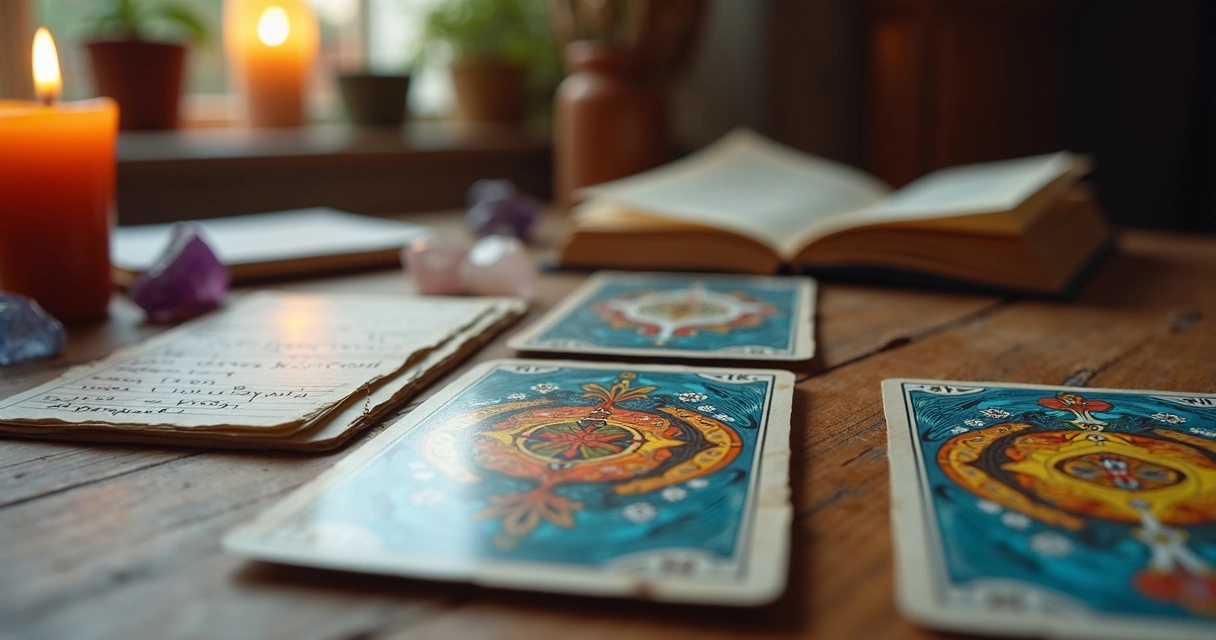 Cartas de tarot coloridas sobre uma mesa de madeira 