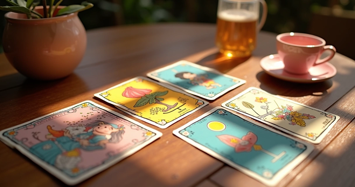 Cartas de tarot coloridas espalhadas sobre uma mesa de madeira. 