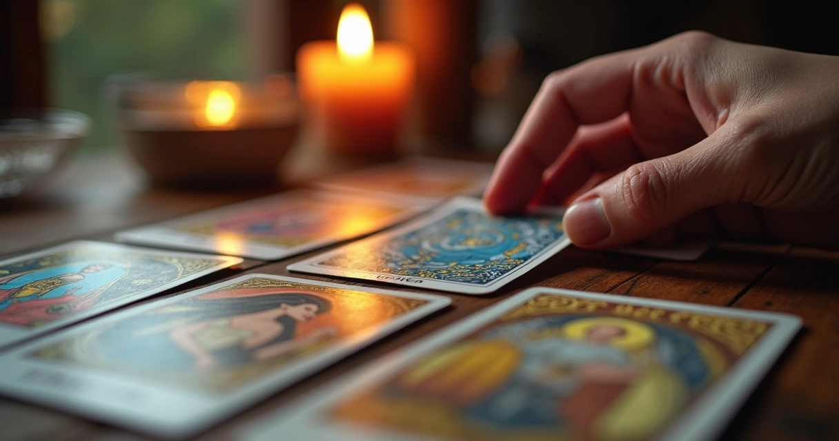 Cartas de tarot dispostas em uma mesa de madeira