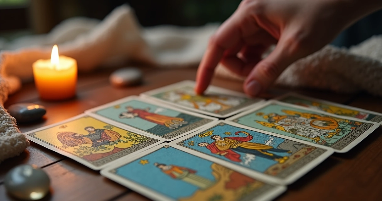 Cartas de tarot dispostas sobre uma mesa de madeira 
