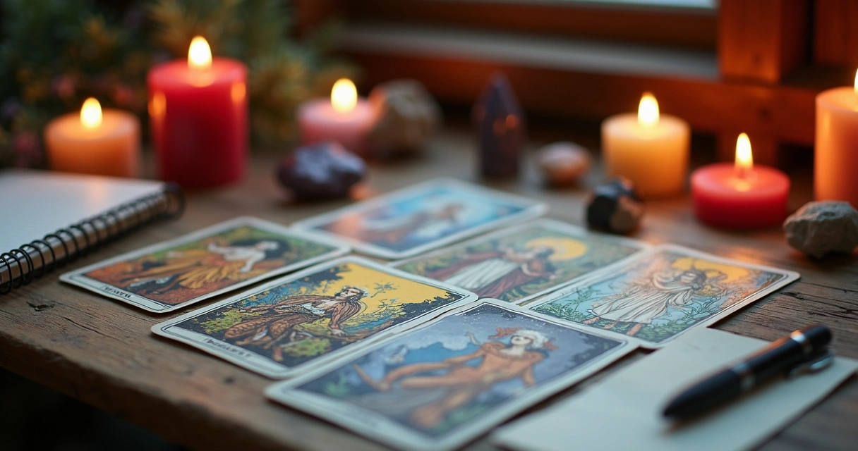 Cartas de tarot espalhadas sobre mesa com cristais e velas acesas