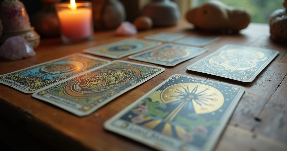 Cartas de tarot dispostas sobre mesa de madeira 