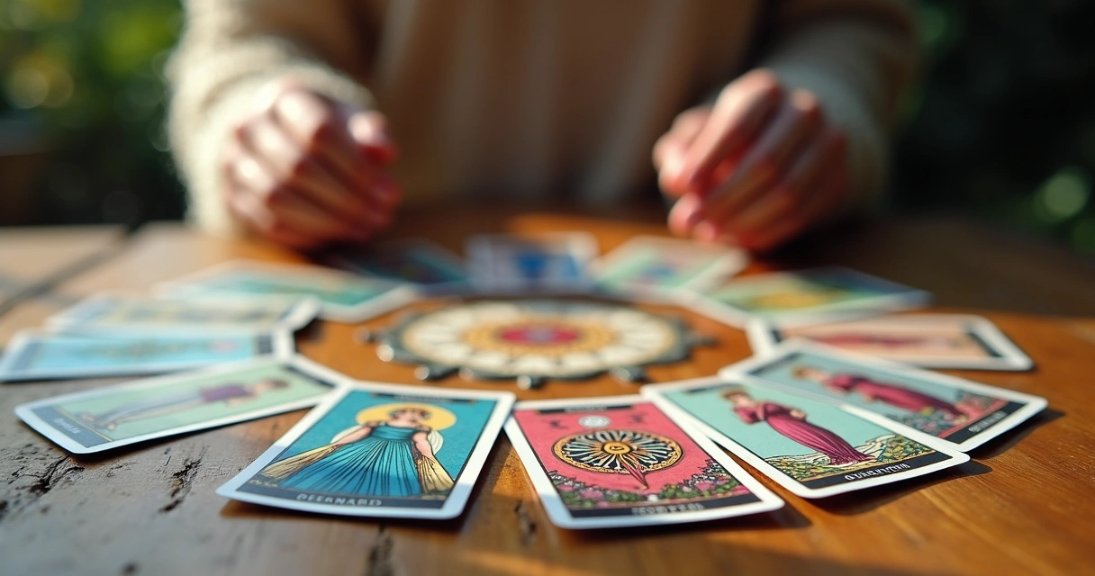 Cartas de tarot coloridas sobre uma mesa de madeira