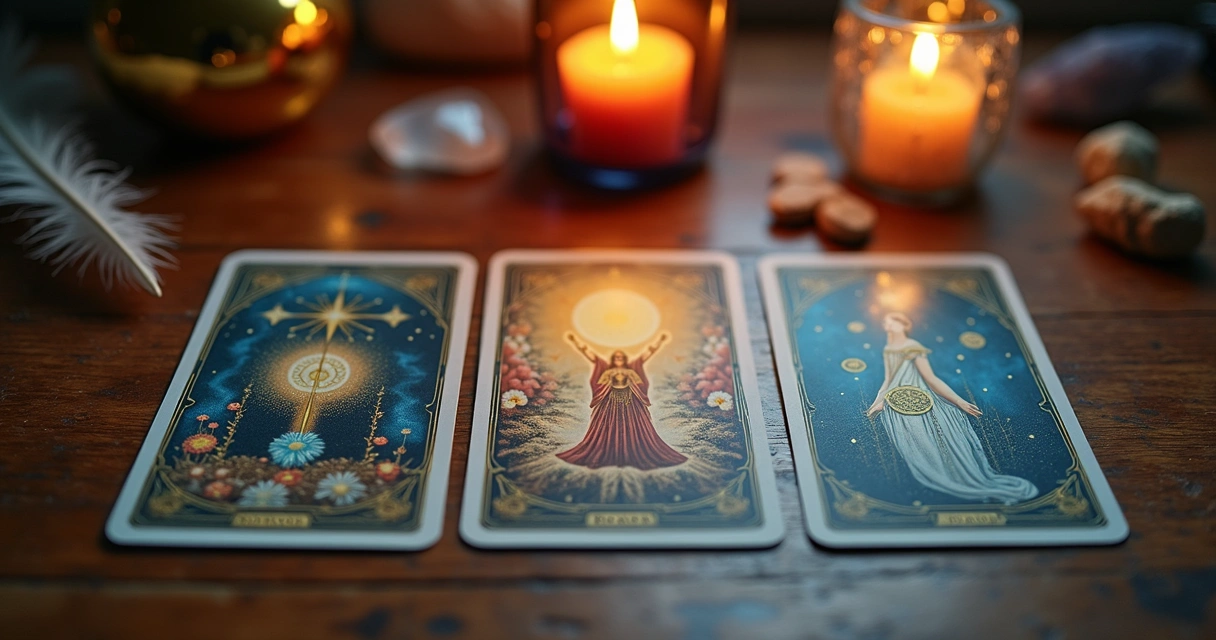 Três cartas de tarot dispostas sobre uma mesa de madeira 