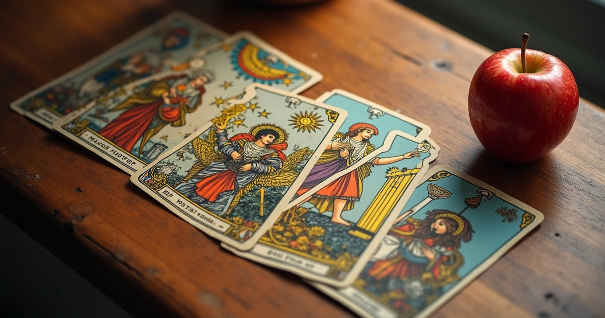 Cartas de tarot e uma maçã sobre a mesa de madeira 