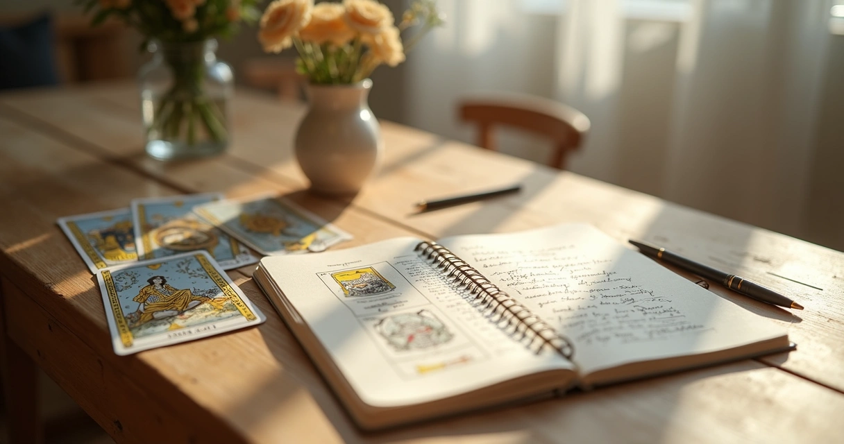 Cartas de tarot ao lado de um caderno aberto com anotações.