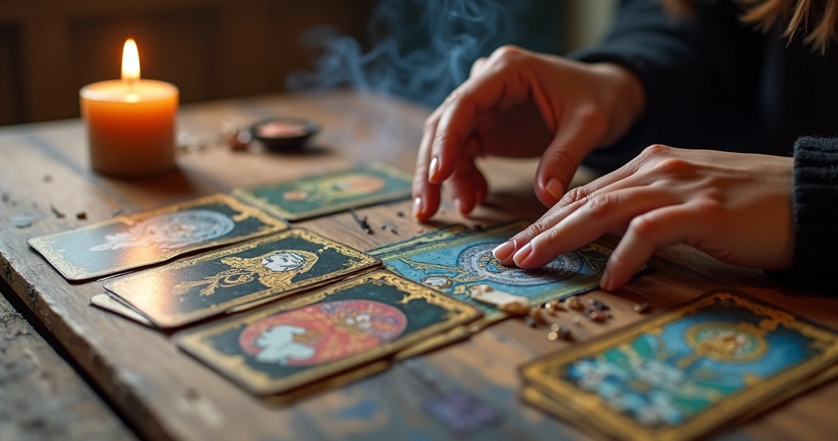 Mesa com cartas de tarot, vela acesa e aroma de incenso 