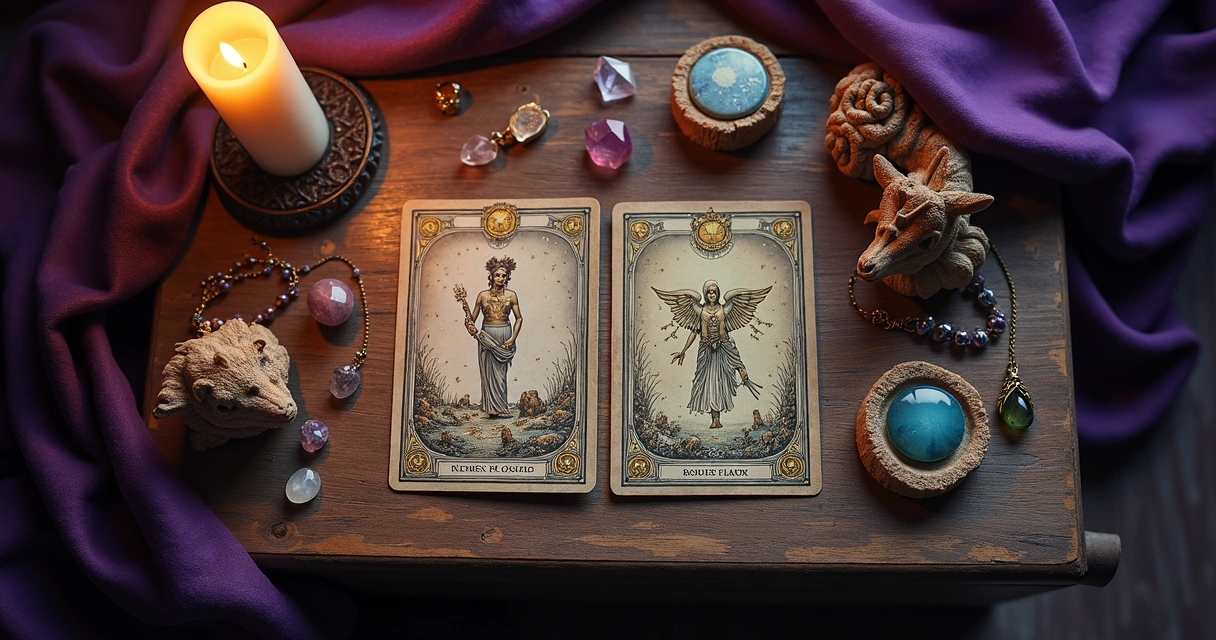 Mesa de Tarot com cartas e candeeiro aceso 