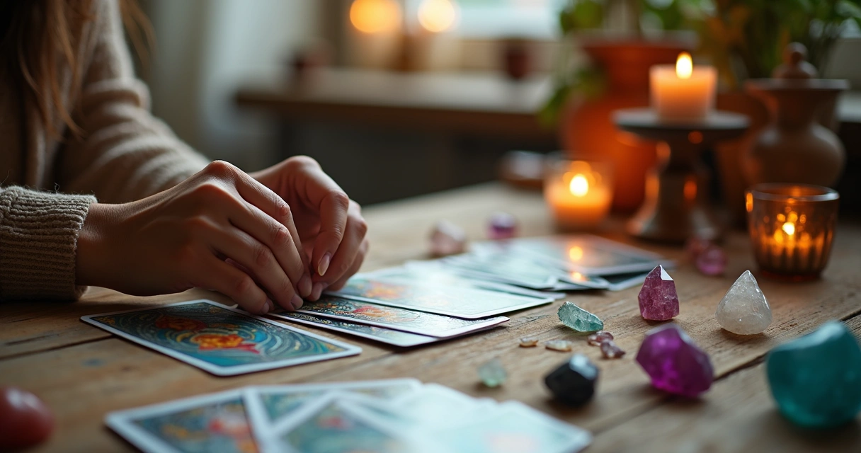 Cartas de tarot espalhadas sobre uma mesa colorida 