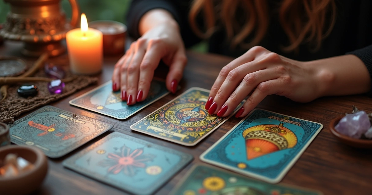 Cartas de tarot dispostas em mesa colorida com mãos femininas por cima 
