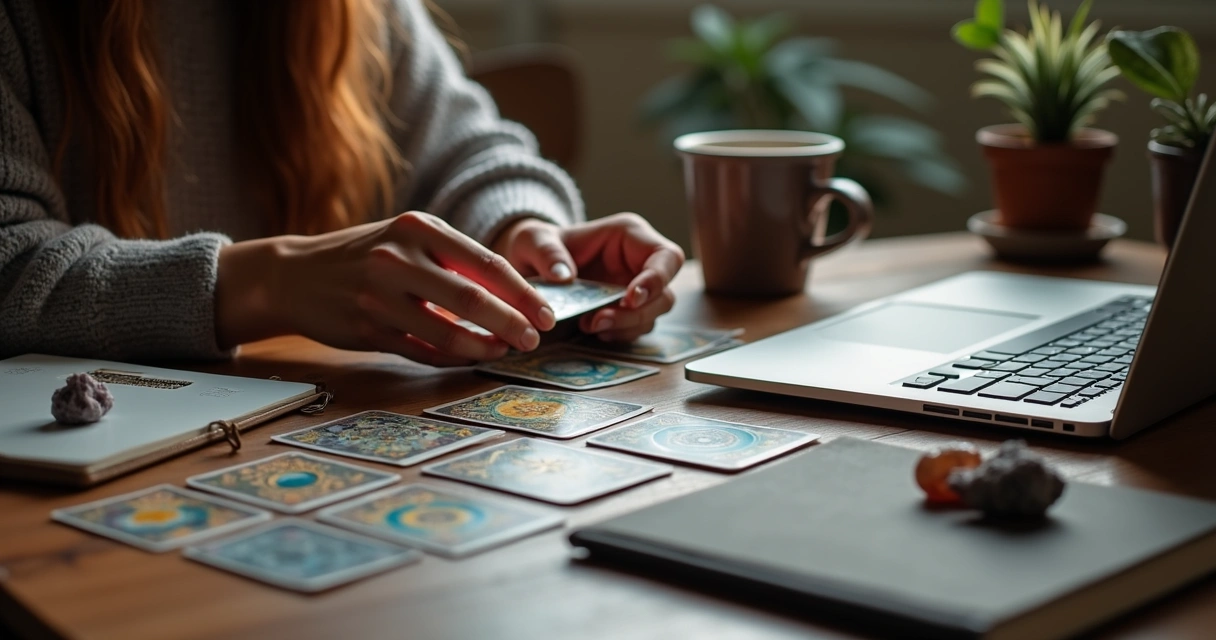 Cartas de tarot dispostas em mesa de escritório 