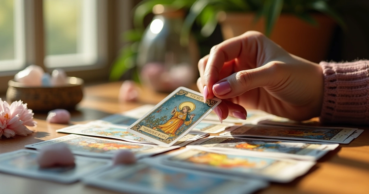 Cartas de tarot sobre uma mesa com mão feminina segurando uma carta 