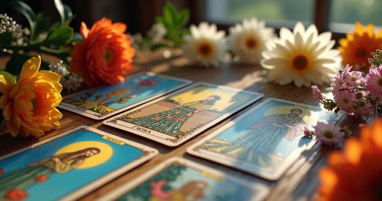 Cartas de tarot dispostas em mesa com flores ao redor 