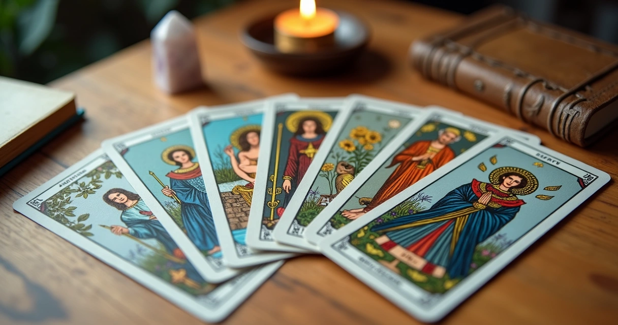 Cartas de Tarot espalhadas em mesa de madeira clara com elementos místicos ao redor 