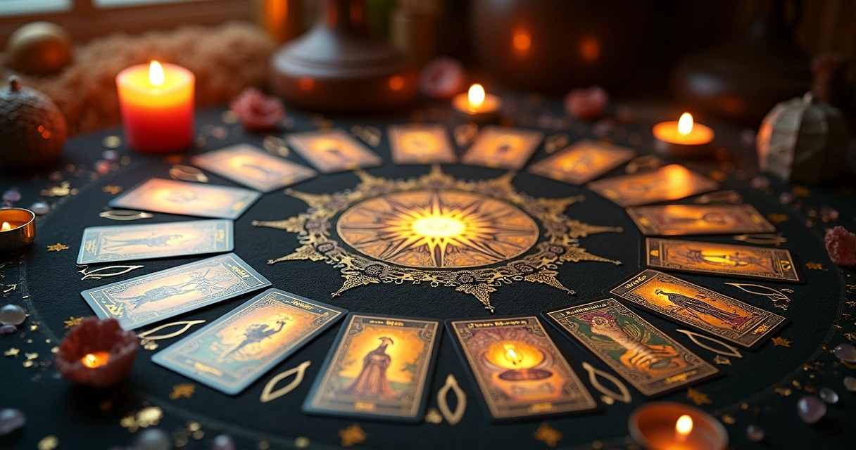 Cartas de tarot dispostas em círculo, iluminadas sobre mesa escura com detalhes dourados