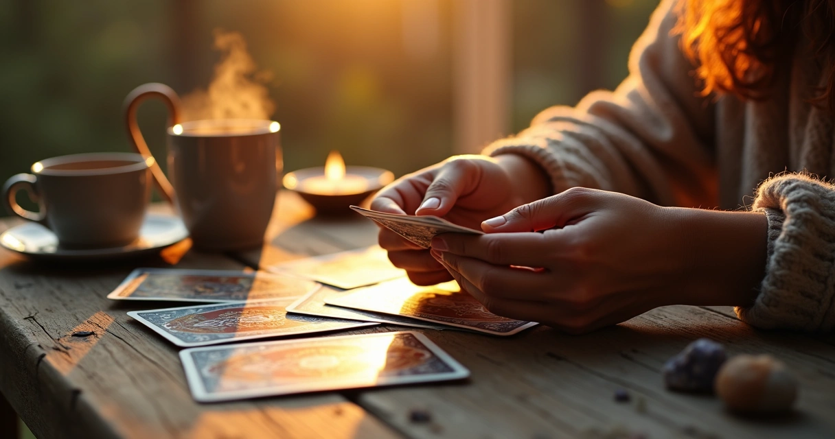 Cartas de tarot abertas sobre mesa de madeira com luz suave 
