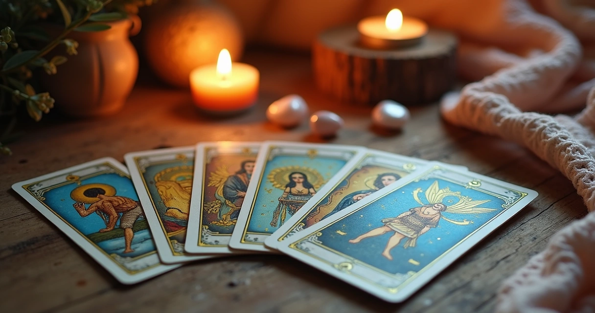 Baralho de tarot disposto em leque sobre uma mesa com luz suave 