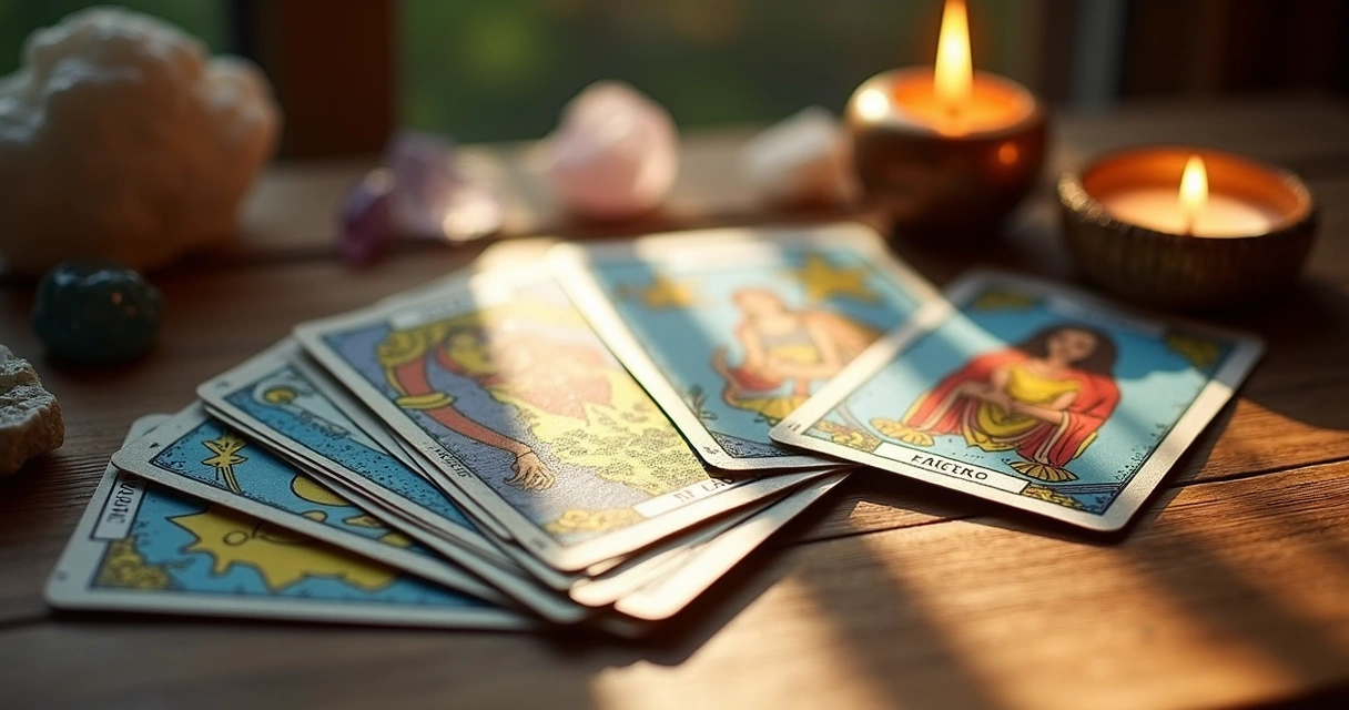 Cartas de Tarot dispostas em uma mesa com feixe de luz 