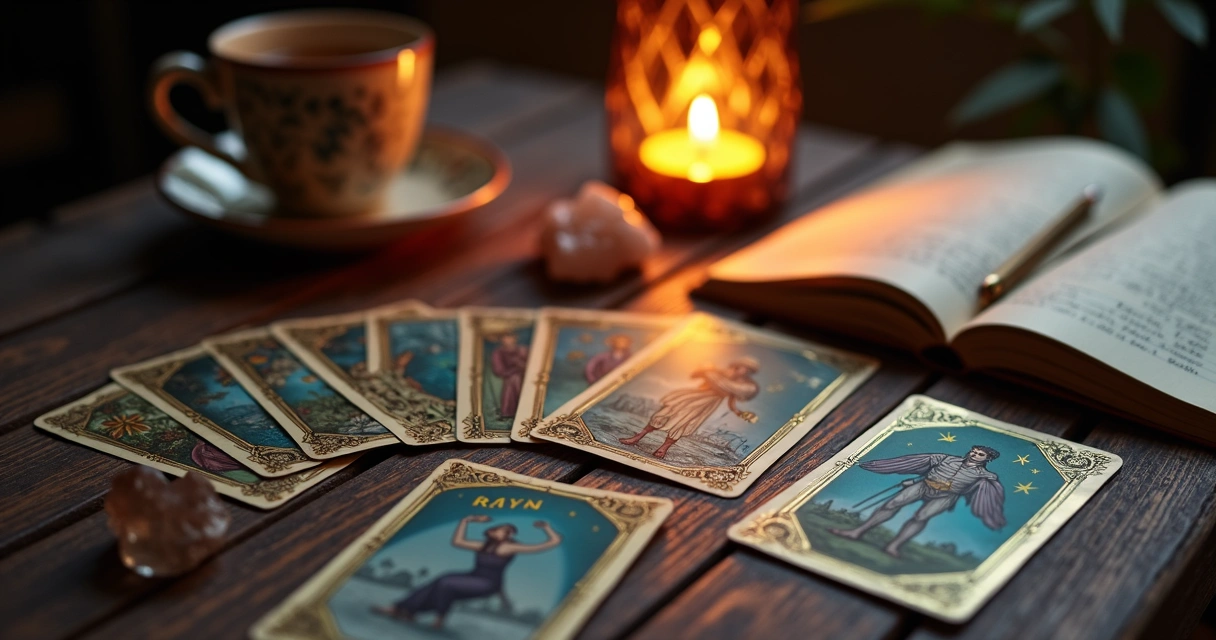 Cartas de tarot espalhadas sobre uma mesa iluminada com velas. 