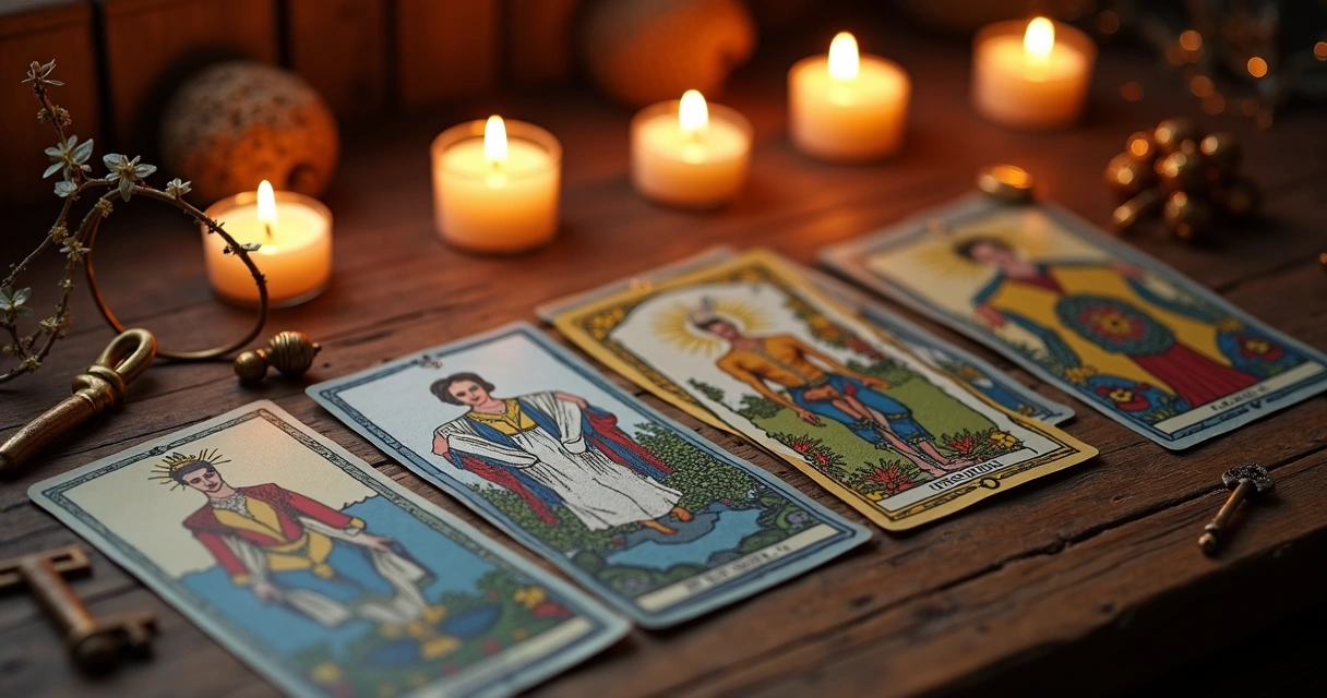 Cartas de tarot dispostas sobre uma mesa iluminada com símbolos espirituais 
