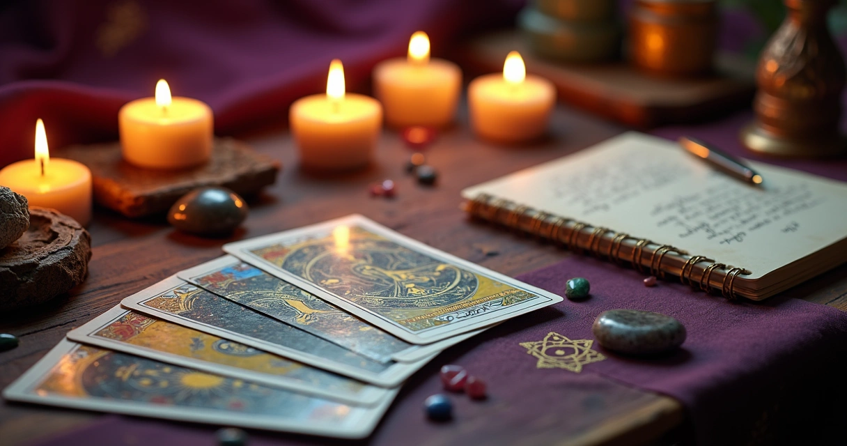 Cartas de tarot dispostas em mesa mística com velas acesas 
