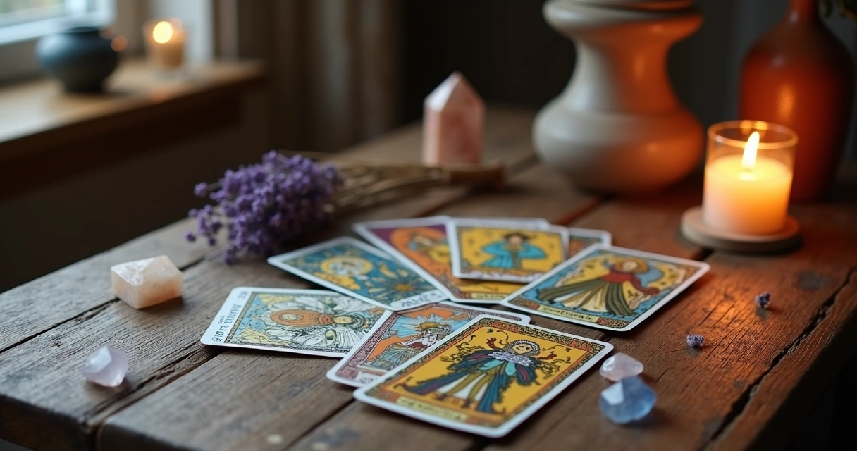 Cartas de tarot espalhadas sobre a mesa com itens místicos ao redor 
