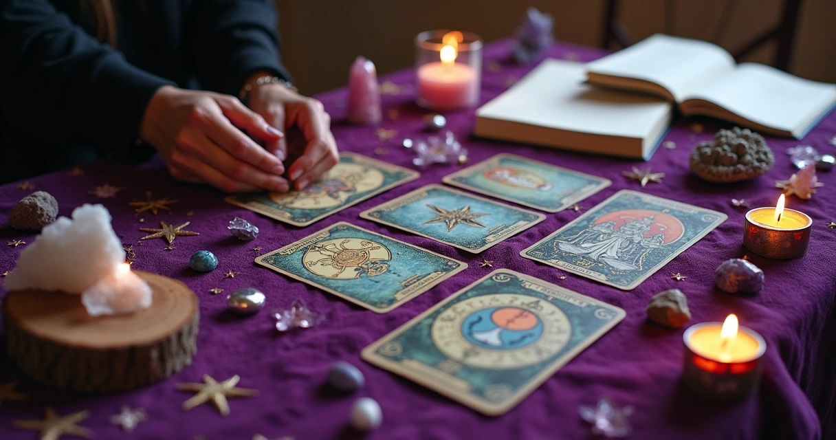 Cartas de tarot dispostas sobre uma mesa com objetos esotéricos 
