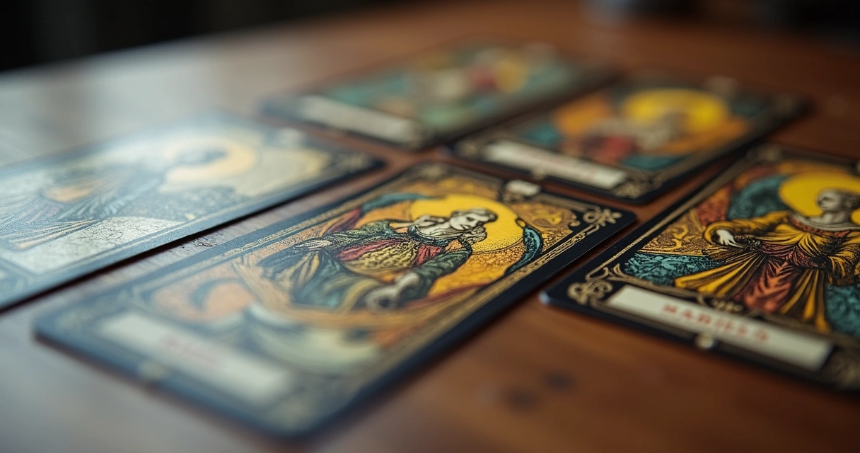 Cartas do tarot de Marselha distribuídas em uma mesa clara com luz suave 