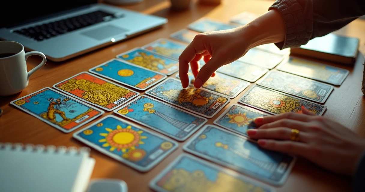 Cartas de tarot dispostas para leitura de carreira em mesa clara 