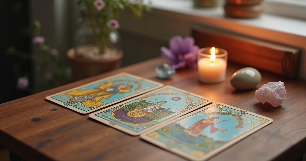Três cartas de Tarot dispostas sobre uma mesa de madeira com cristais e vela acesa