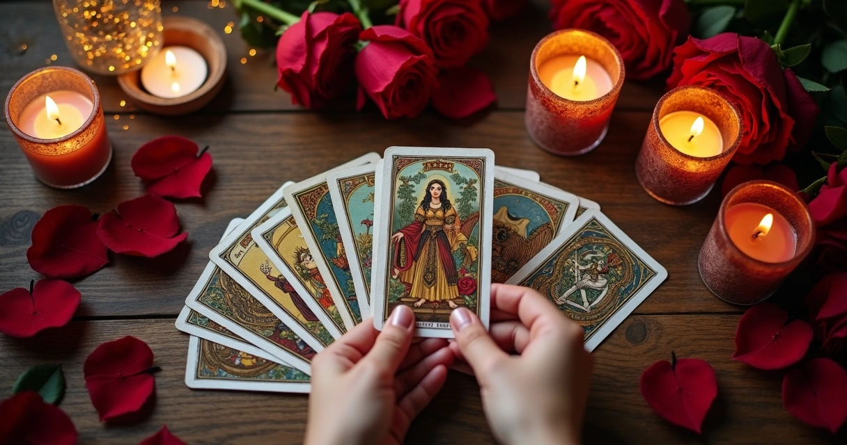 Cartas de tarot sobre mesa com rosas ao redor 