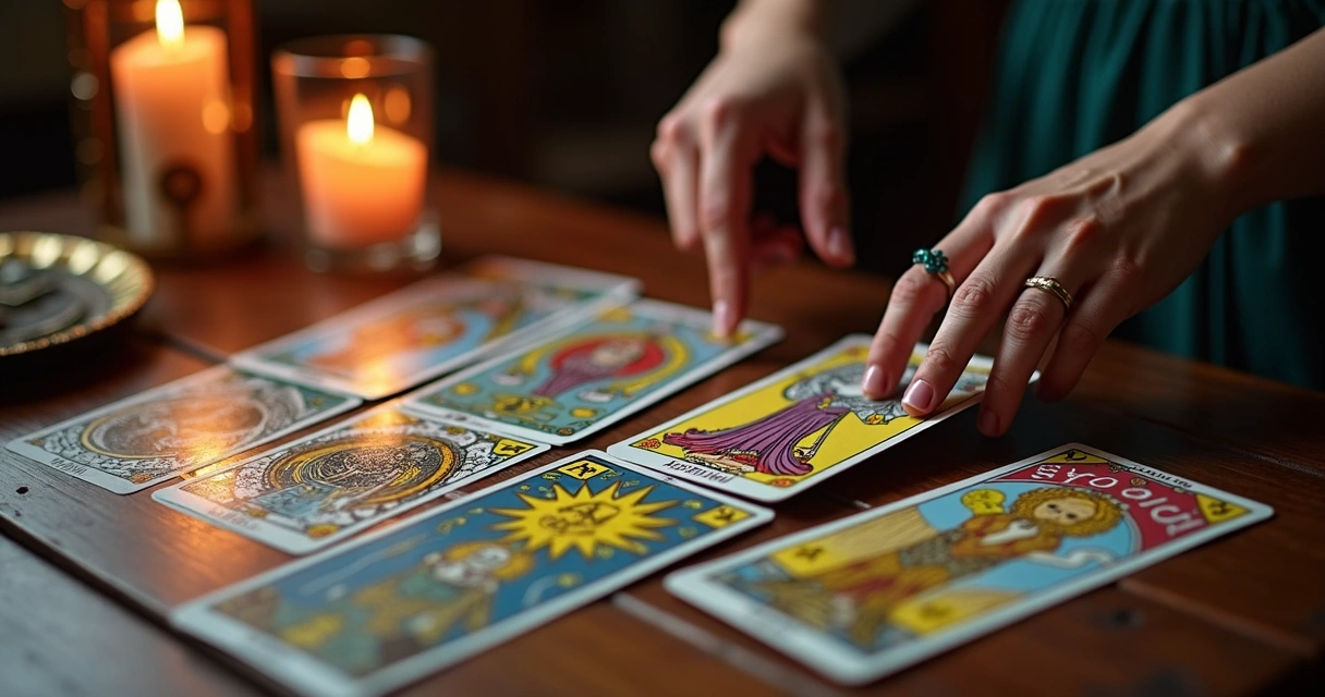 Cartas de tarot abertas sobre uma mesa de madeira com símbolos coloridos