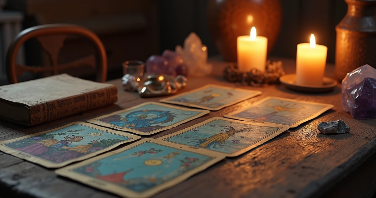 Cartas de tarot sobre a mesa com vela acesa ao lado